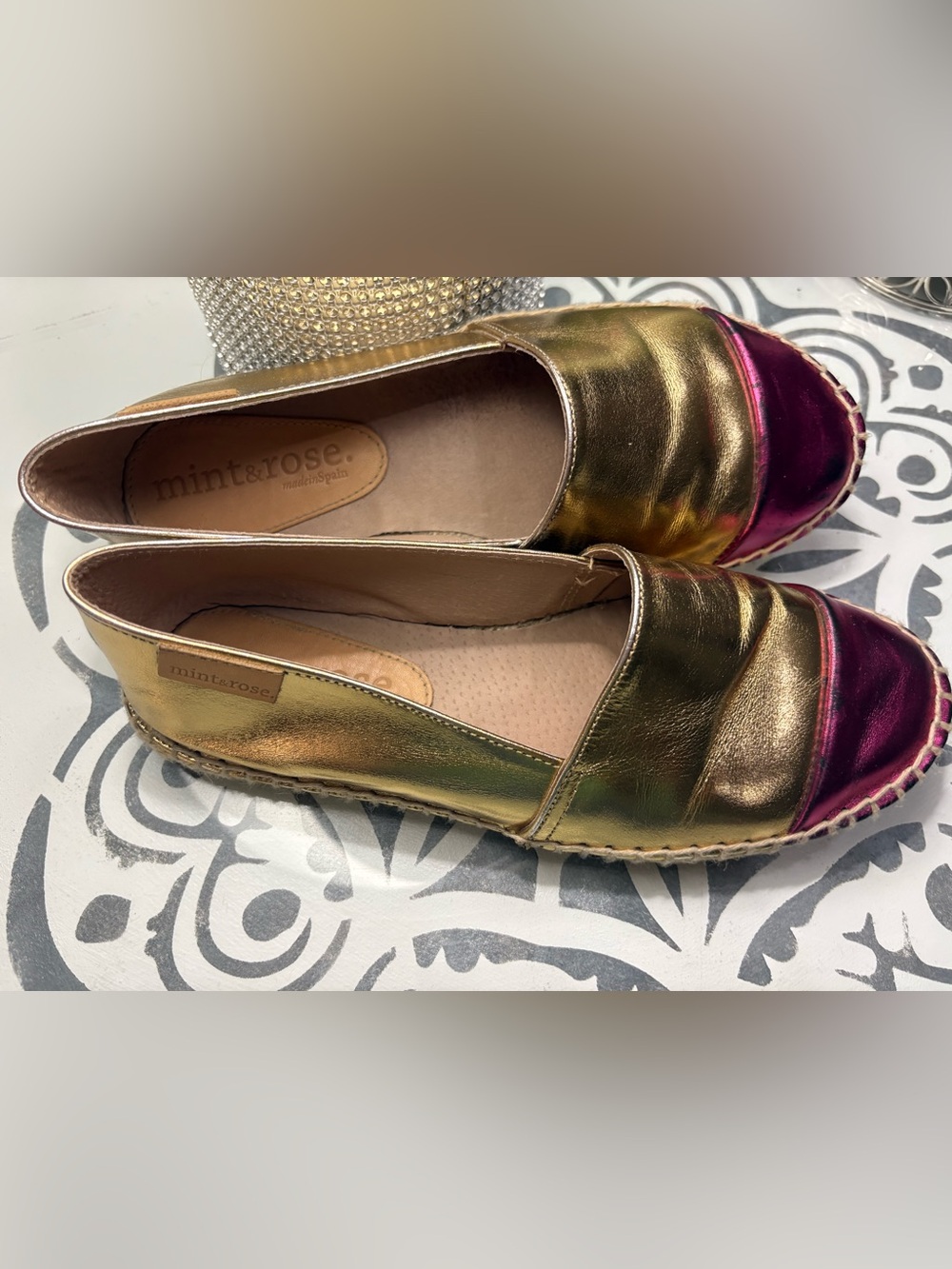Mint & Rose Metallic Gold & Fuchsia Espadrille Flats Size 37 Made in Spain